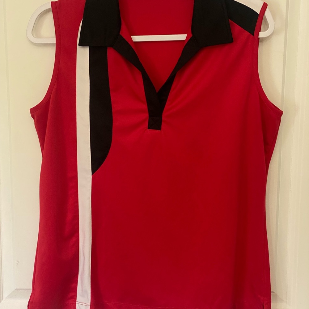 Red Sleeveless Polo Tank Top with Black Accents